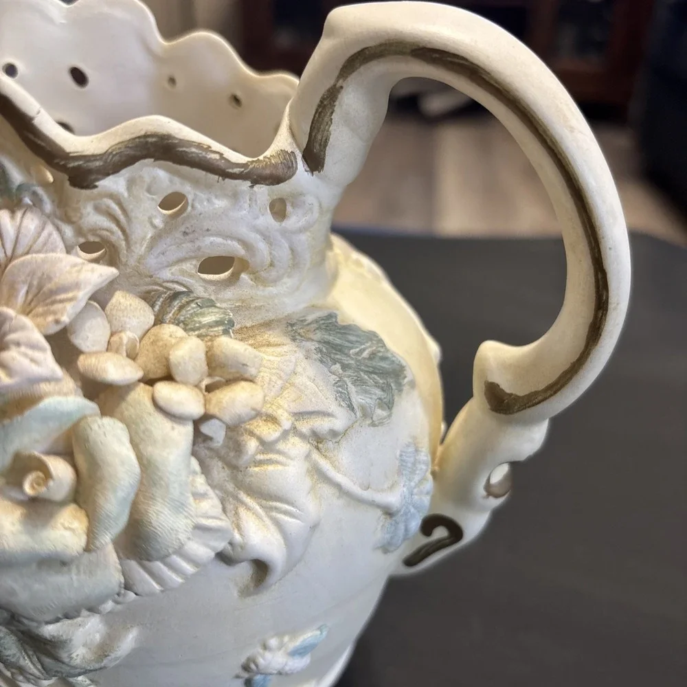 Capodimonte Porcelain Floral Pitcher Vase Reticulated Scalloped 7